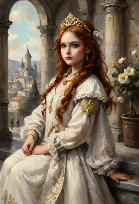 "A beautiful young kitsune with long, silky red hair, cascading elegantly around her heart-shaped face with refined, delicate European features reminiscent of French origin. Her almond-shaped, dark tourmaline eyes shine expressively, paired with a small, d...