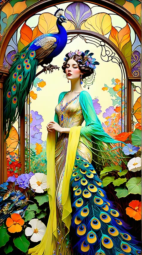 breathtaking Jugendstil scene, Leon Bakst inspired,hot, sexy, dreamy fantasy paradise, vibrant, serialist colorful patterns, Art Nouveau style, lush tropical garden, sprawling florals, peacocks, elegant feminine figures, flowing silk fabrics, glittering je...