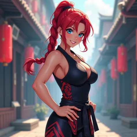 Ranma,Single, 1 woman,Saotome Ranko,Redhead, blue eyes ,Braided ponytail martial arts clothes look at the audience, Smile, 