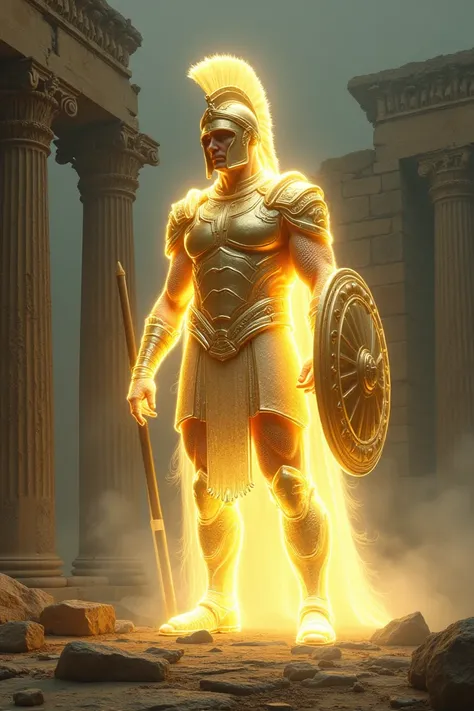 A glowing transparent ghostly Spartan warrior made of an ethereal misty fog, he is wearing intricate armour of solid gold, contrasting his ethereal form. Carrying a spear and shield. Standing imposing outside of a crumbling Roman temple.