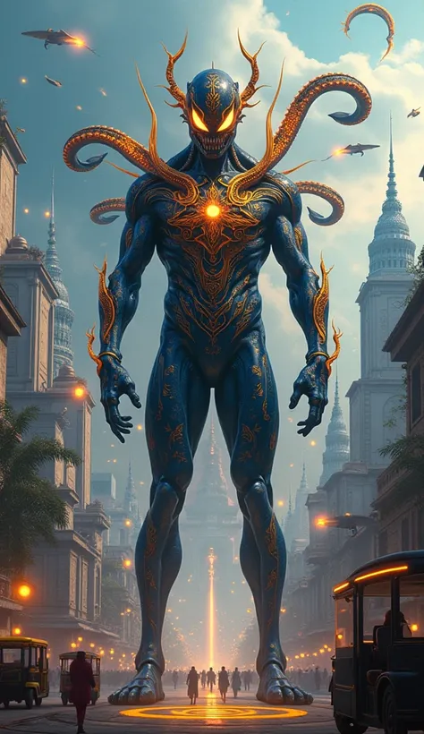 A menacing cybernetic Venom creature with distinct Indian cultural elements, standing in a hyper-futuristic Mumbai cityscape in year 3050. The symbiotes surface texture incorporates intricate mandala patterns and flowing mehndi designs that pulse with biol...