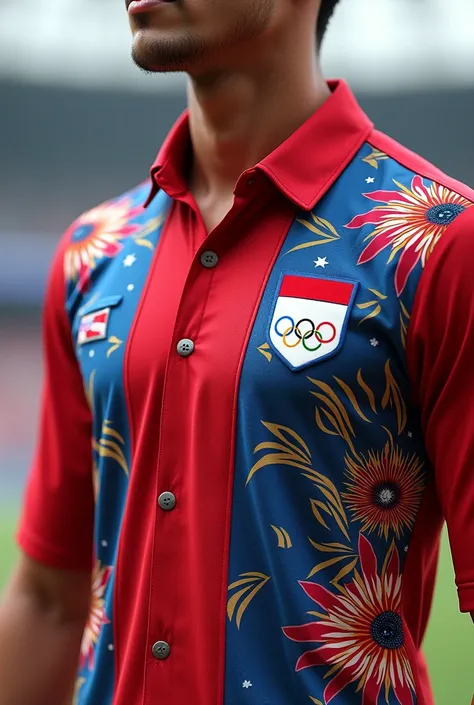  Batik uniform red buttoned shirt, blue, white with olympic logo in the middle 