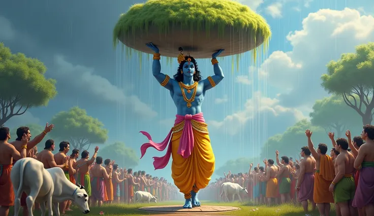 "Lord Krishna Up lifting the large   mountain effortlessly with his left hand. His arm is slightly bent at the elbow, showcasing subtle yet defined muscles, symbolizing effortless divine strength. His left shoulder is slightly raised, perfectly balancing t...