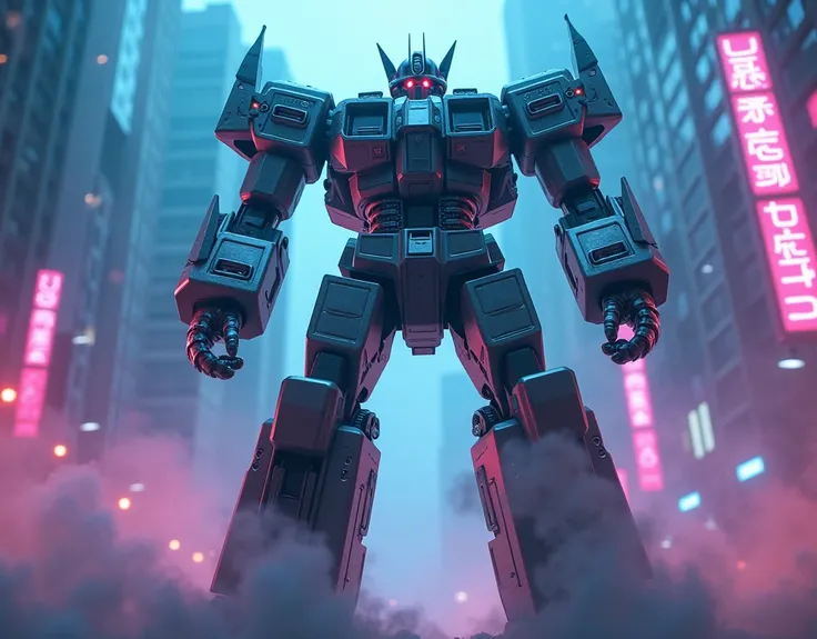 Giant megazord in the city surrounded by smoke and blue and magenta neon lights. 