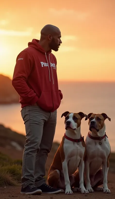 haute qualité, Ultra HD 8K, Un homme guerrier avec des vêtements rouges et blancs à droite et à gauche deux American Pit Bull Terriers, une côte au coucher du soleil, la côte au coucher du soleil servant de fond sous-jacent, avec des détails intégrés à la ...