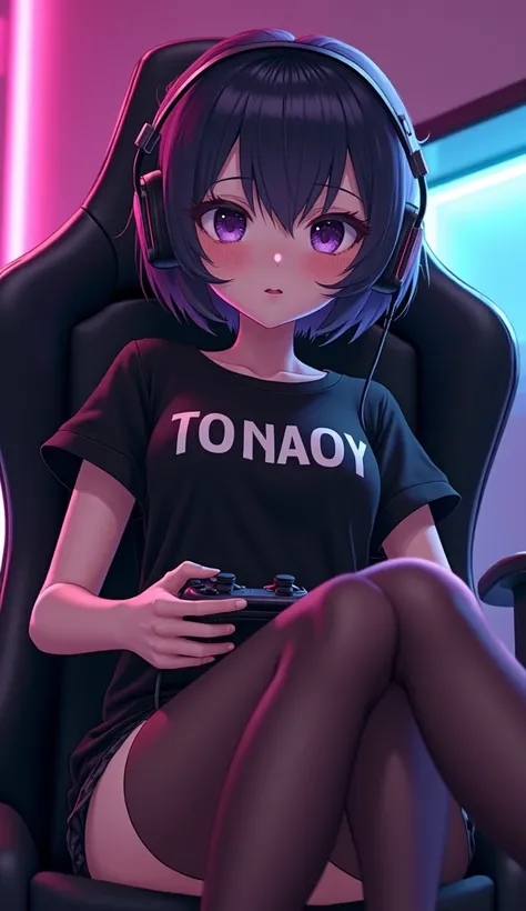 ((Tomboy)), (masterpiece, best quality) cute smile, short hair, small hight, (big ), (Big chest) baggy black tshirt, thongs, thick tights, (,), big beautiful eyes, sexy fishnets, stripping, hourglass figure, lip bite, gamer girl, in a luxury gaming room, s...