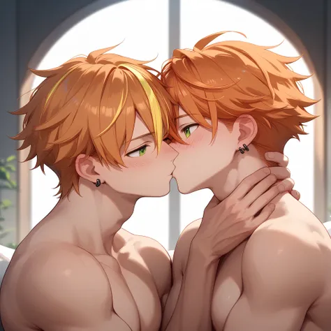 2boys, shinonome_akito, orange hair, yellow streaked hair, yellow hair, green eyes, 1 ear piercing, short hair, hair between eyes, bangs, shirtless, big pectorals, kissing, kiss on the cheek, winking, looking at each other, in love, blushing 