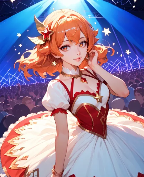 1girl, solo, best quality, masterpiece , Ruby Hoshino,  hair ornament, sparking eyes, star on eye, (star on right eye:1), (dress:1.4), (concert1), on the stage,