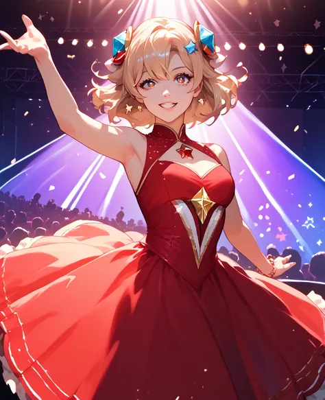 1girl, solo, best quality, masterpiece , Ruby Hoshino,  hair ornament, sparking eyes, star on eye, (star on right eye:1), (dress:1.4), (concert1), on the stage,