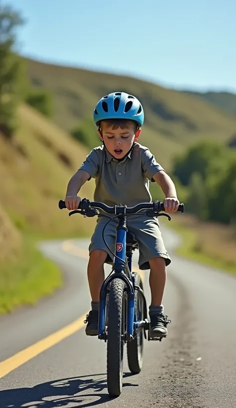 Setting: A bright sunny afternoon on a quiet countryside road with a steep hill in the background.
Action: A young boy, around 10, wearing a helmet and struggling with his bicycle as the chain slips. His face shows frustration.