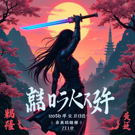 An energetic and dynamic album cover that embodies a unique blend of pop, metal, and Japanese aesthetics. The artwork features a stylized warrior in a fantastical setting, raising a futuristic sword glowing with a neon blue aura. The background showcases a...