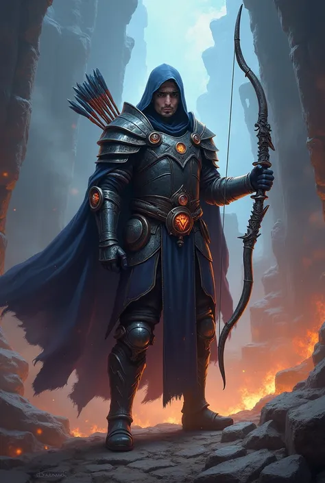 "Create an epic fantasy-themed artwork featuring a warrior standing heroically. The character is holding a bow and arrow, dressed in battle armor with mystical details. Surround the warrior with an intense Path of Exile 2 atmosphere, including dark and glo...