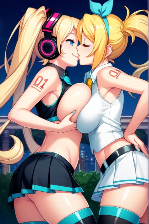 2girls,bishoujo,yuri,teen,hatsune miku, kagamine rin, fair_skin,shiny_skin,curvy,thin,tall,bright_pupils,bare shoulders,armpits,slender_waist,adapted_costume,female_pervert,tight,microskirt,thighhighs,tight,sleeveless,arm_tattoo,cat_ear_headphones,smirk,le...