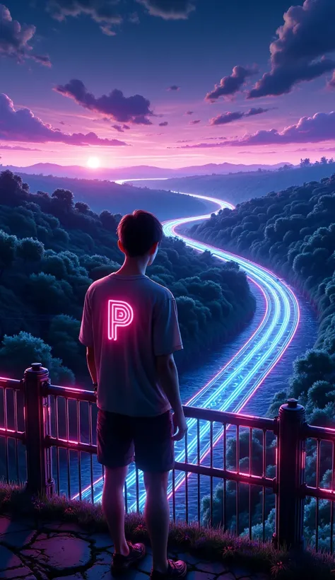 anime guy, costs, road, bridge, a river, fence, out of town , T-shirt text : p, neon, neonовый контур, neonовый огонь, Night, 