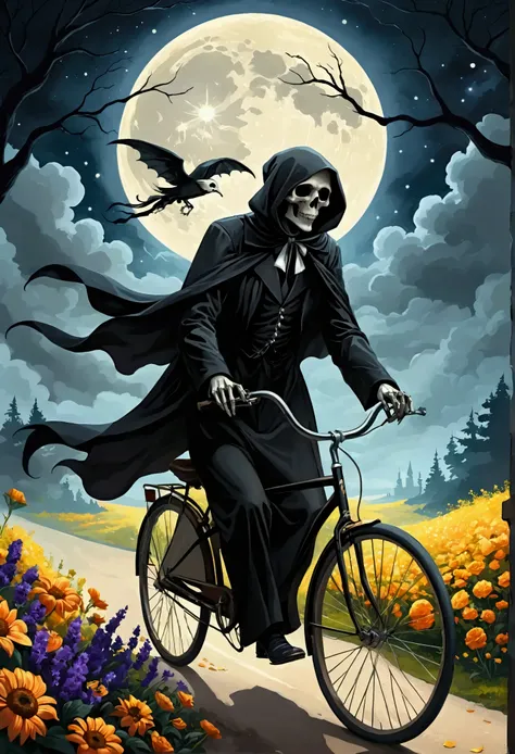  Create a surreal digital painting that shows a captivating figure of death , interpreted as the reaper ,  riding a bicycle adorned with flowers under the glare of a waxing moon that bears the resemblance of a human face . the scene features elements of fl...