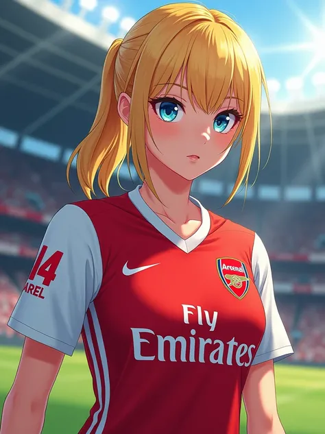 A TEENAGE BLOND WOMAN WITH BLUE EYES, with fringe, AND BLOND EYELASHES ,  WEARING ARSENAL FC UNIFORM WEARING NUMBER 14 AND WITH THE NAME KAREL,  STYLE OR ANIME VERSION 