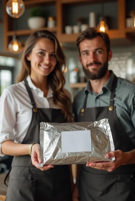 make me a poster with a width of 1080 px and a height of 607 px .  In the background of a cafe where there are 1 woman and 1 man who are wearing barista clothes and holding plain aluminum foil packaging without labels the size of HVS paper.