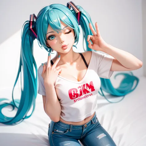 Miku Hatsune, beautiful girl at the age of 21, C-size breasts, fashionable sweatshirt top, fashionable jeans, shows a fashionable hand gesture, one eye closed, round lips, photo shoot in the studio, studio lighting, white background