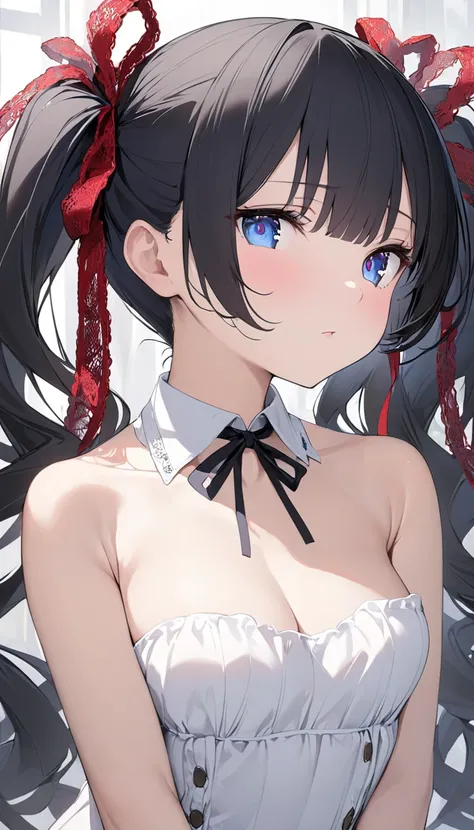  black hairの少女がベッドに寝そべる,  slender body,  Naked Girl, nsfw, 、 ( slim、1 person,  cute young woman, , medium bust,  black hair、 twin tail hair 、Azure Eyes、Tie your hair with a large red lace ribbon),delicate beautiful eyes , eyes are drawn in detail , high de...