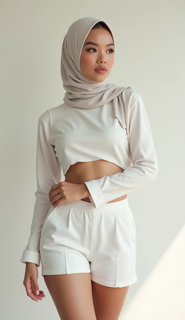 Beautiful Indonesian woman wearing hijab, ,white crop top ,  Shorts , breasts, blush, 