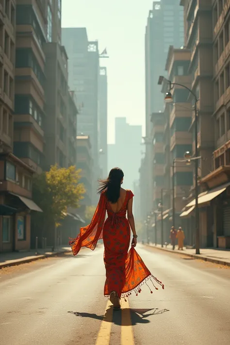 A beautiful woman is walking on a deserted road with big buildings all around her and she is going somewhere. The woman is wearing a sari and she is very beautiful.