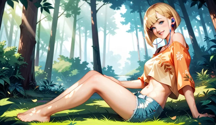 A beautifully drawn anime girl with shoulder-length blonde hair and large, expressive eyes is sitting on a grassy patch in the midst of a dense, realistic forest, surrounded by tall trees and vibrant greenery. She wears an oversized, stylish graphic top th...