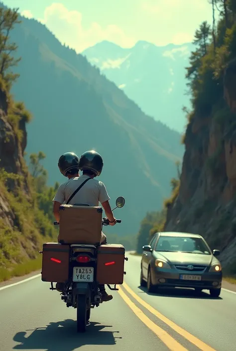 A man wearing two helmets, a motorbike cart with a suitcase next to a car going up the mountain
