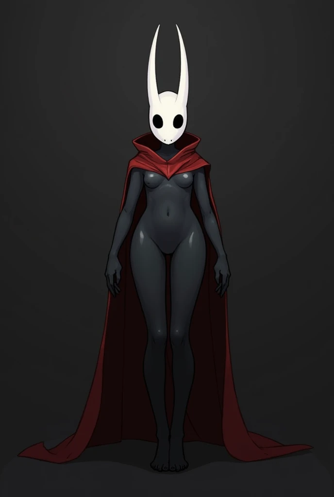 Digital illustration of a female character called “Hornet” from the video game “Hollow Knight”. She is wearing nothing but a small red cape draped over her shoulders and a insect-like white mask with long straight white horns, the mask has two large eyes w...