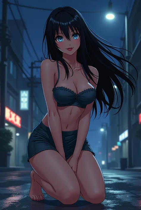 Beatiful woman, anime 90s ascetics, black hair, c cup, mini skirt, smal t-shirt, in a street in night, blue eyes, sexy lips, one her knees
