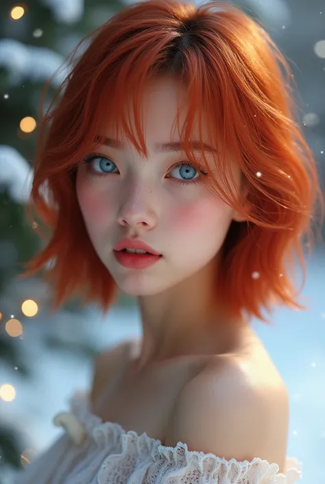  very detailed,  extremely realistic,  hyperrealism,  super real ,  top quality,(  Masterpiece  , soft lighting ,  stylish eyes with attention to detail: 1.2),15-year-old girl, (cute)、Its snowing outside, Christmas、 off-the-shoulder sheer white top ,  gaze...