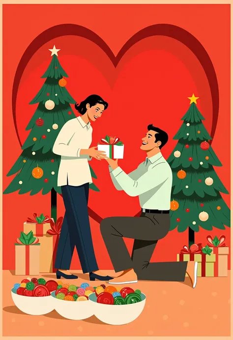 X-1950s, ((flat illustration style)), Illustrate a vintage-style Christmas advertisement with a 1950s aesthetic. Depict a man kneeling and offering a box of candy to a woman sitting on a step ladder near a decorated Christmas tree. The background is a bold...