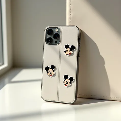 Create a gray iPhone 16 Pro Max with a white case with several Disney character stickers glued to the cover ,  this iPhone is on the table lacquer table with a modern design in white next to a The Saffiano leather bag from Prada has a rigid structure,  mad...