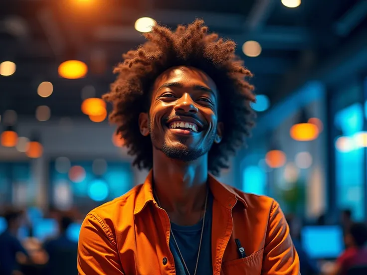 please create an image that indicates an ethiopian being happy because of joining and learning MERN (MySQL, Express, React, Node Js.) in NEXEN. use the colors black, orange and blue. 