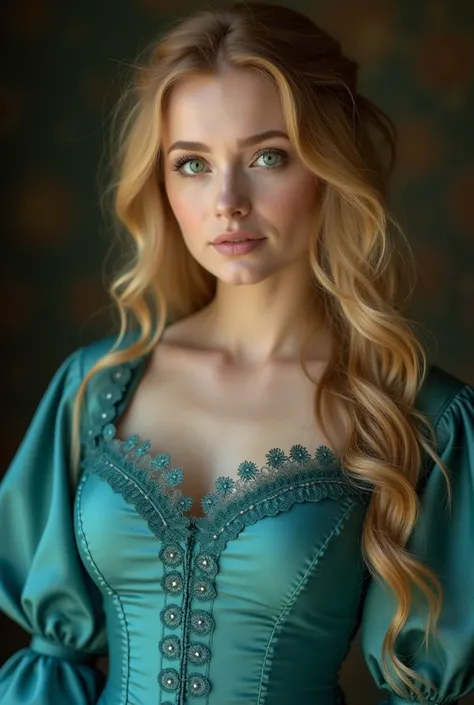 A full thirty-three-year-old woman is very beautiful and very attractive with white skin, wide and big green eyes, long golden hair and a curvy body wearing a long turquoise dress from the Victorian era 