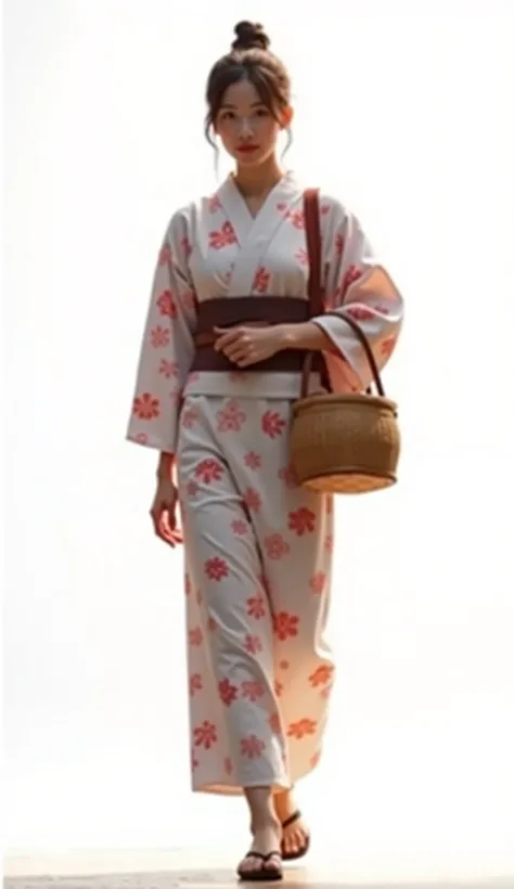 ( top quality,  Masterpiece  :1.3, super high resolution,),( Ultra Details, caustics ),(Photorealistic 4k）A woman in a patterned yukata. wearing wooden sandals and carrying a basket. white back ground.  facing camera 。