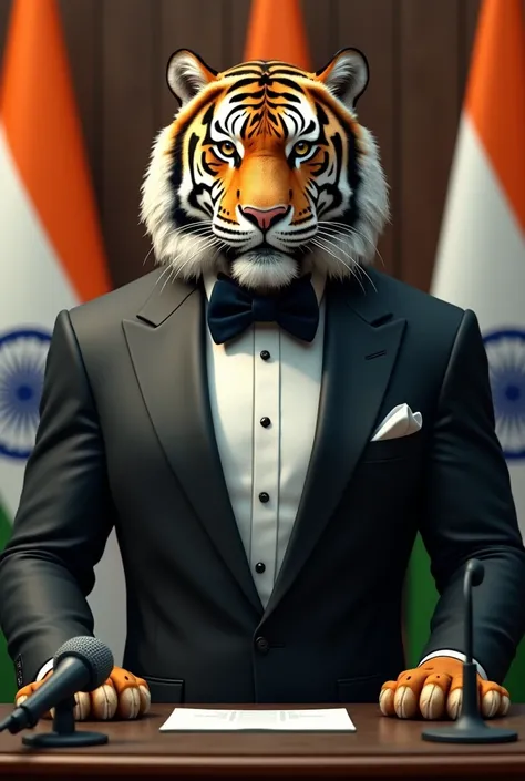 Masculine Tiger in Tuxedo formal suits represent India , with India flag allover at press confrence meeting
