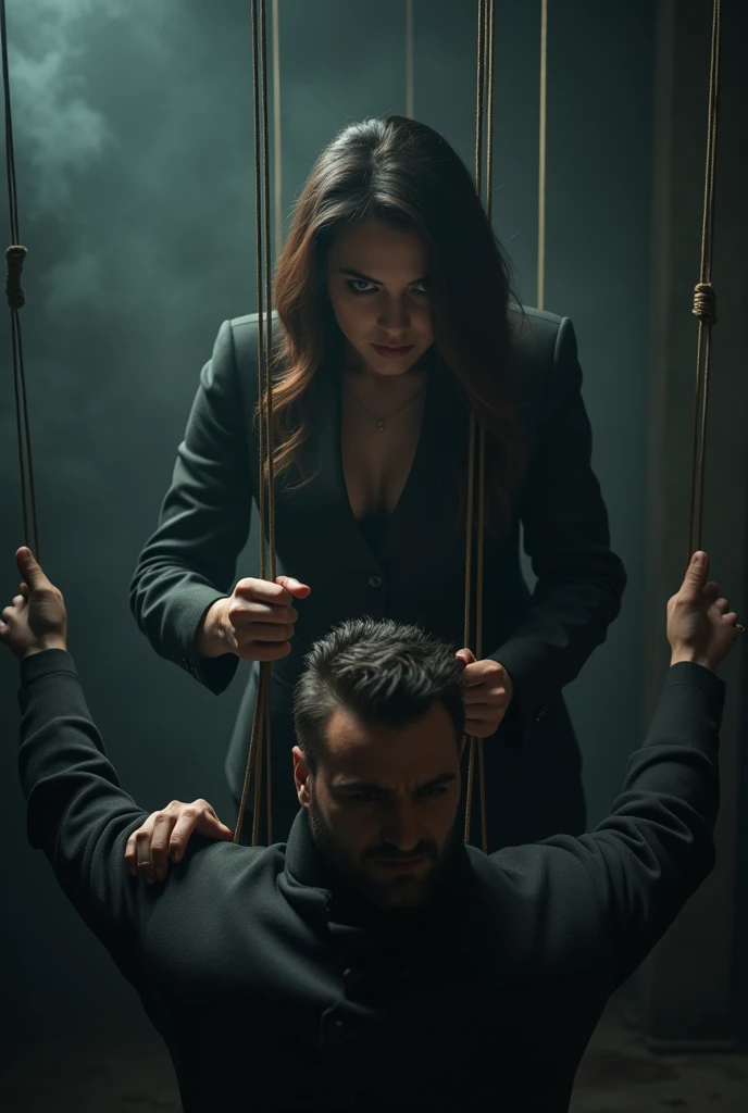 A woman controls a man through the puppeteers ropes