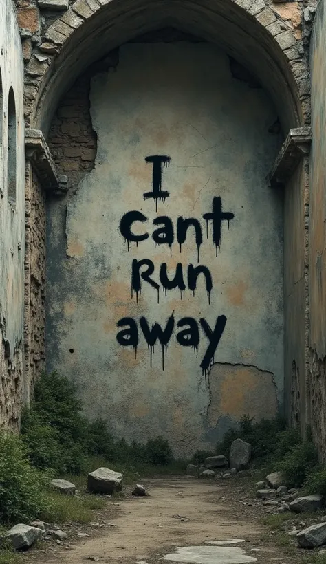 On the wall of ruins"I cant run away."A graffiti called is written in the center of the screen