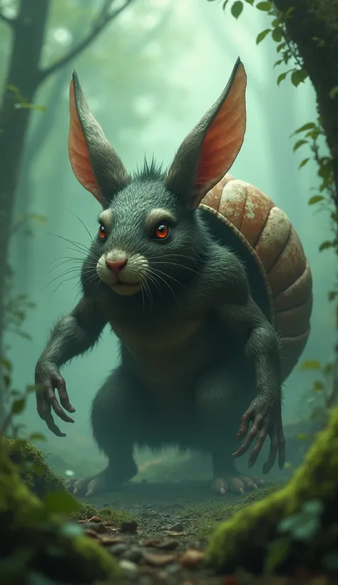 "Create a hybrid monster creature combining a rat, rabbit, and snail. The creature should have a muscular, powerful body, blending the agility and size of a rat and rabbit with the snails unique shell on its back. The body should have a strong, muscular fr...