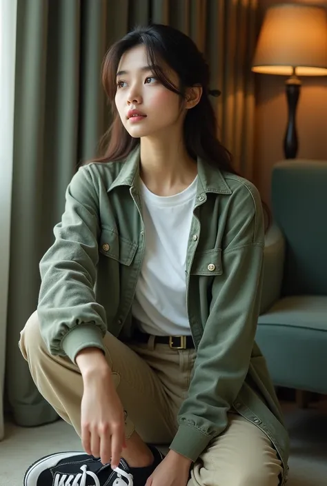  A beautiful Korean girl wearing a white t-shirt ,, green flannel shirt  ,,Dusty cargo pants  ,, Jordan shoes black and white sitting in hotel 