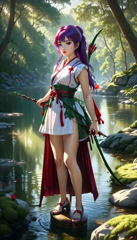 A beautiful young female swordswoman, 20 years old, with visible nipples, long purple hair, emerald green eyes, red lips, holding a bow and arrow, full body portrait in a forest and lake background, 8 heads tall, no panties, (best quality,4k,8k,highres,mas...