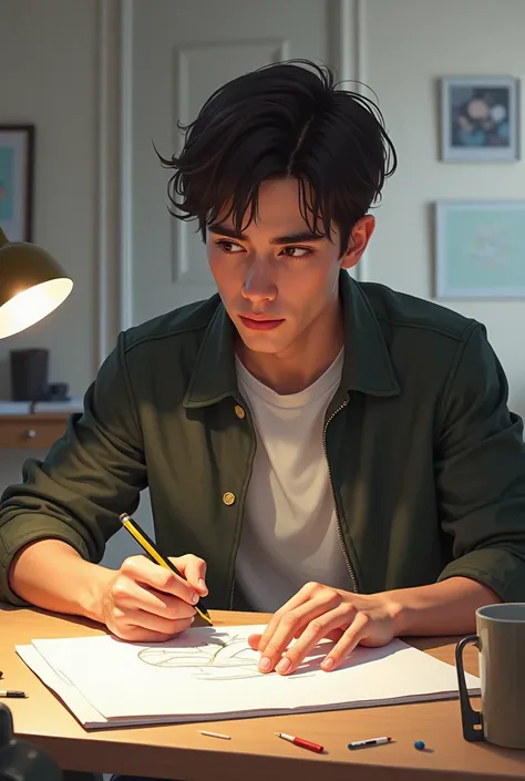 A man with age like 24, drawing something on a table 