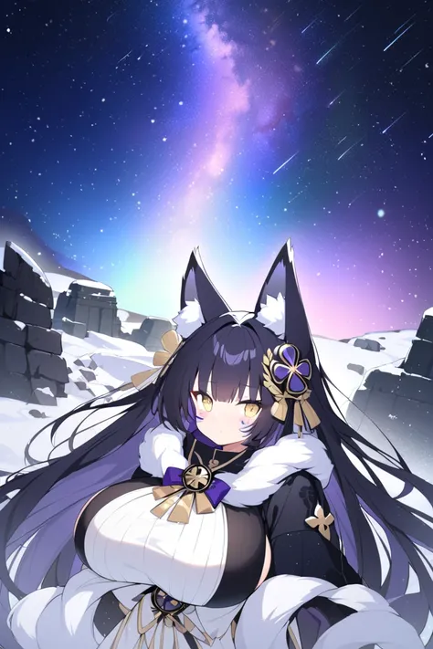 dark night, stars, starry sky, starfall, northen lights,  Stargazing, clear sky. snow, snowfall, ancient ruins, tombstones, 1girl, fox ears, fox tail, long hair, black hair, hair ornament, gold beautiful eyes,  huge breast, white skirt. black fur coat, whi...