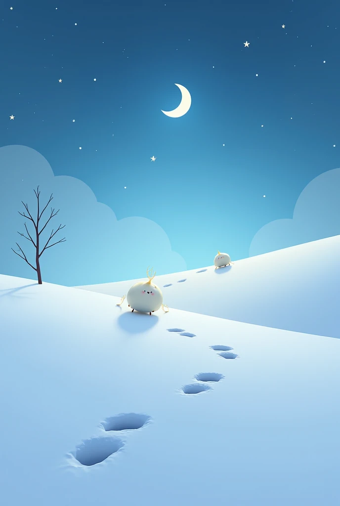 masterpiece,cute daikon characters are following mysterious footprints in snow,soft tone blue  moon sky,minimalist,