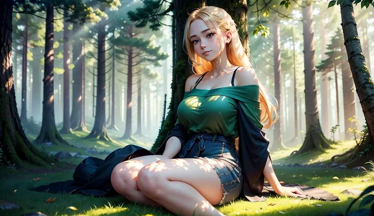 A beautifully drawn anime girl in her late 20s with shoulder-length blonde hair and large, expressive eyes is sitting on a grassy patch in the midst of a dense, realistic forest, surrounded by tall trees and vibrant greenery. She has a curvy body type, wea...