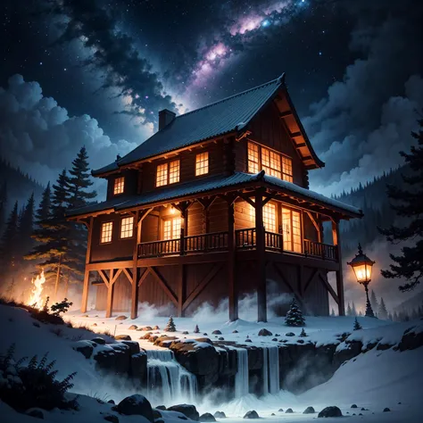 night， Rose Garden ,Log House,Sky，space， starry sky ,galaxy，(depth of fields)，soft，[fog，cherry tree，Real light and shadow， Painted Like ,Ethereal atmosphere,Bright colors, Cinematic Composition ，fantasy magic，Huang Li ，particle effects，Diffuse，(Monte)， Wat...