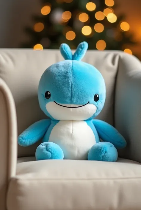 Create a plush blue whale-like toy with a happy expression and white belly, positioned in the center of its frame. The toy is sitting upright on a beige chair, visible from a cozy indoor setting. Surround the box with a clean and evenly aligned border to s...