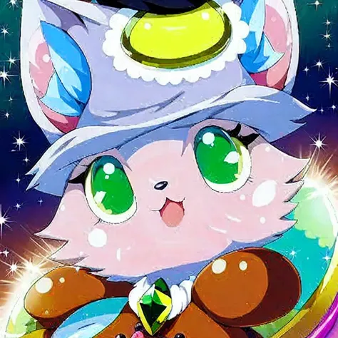 (masterpiece, best quality:1.2), jewelpet, a cat, a silver color cat, black lines shape on cat, big eyes, anime, 2d character, green eyes, white eyes, looking at the viewer, a gaiter in his hand, brown gaiter, a cap on his head, black cap, cartoon, 