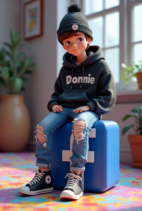 1. Create a 3D illustration of an animated character sitting relaxed on top of the social media logo "FACEBOOK". The character should wear a black hoodie with the words "DONNIE", ripped ripped jeans, and sneakers, wear a beanie hat with the DL logo, The ba...