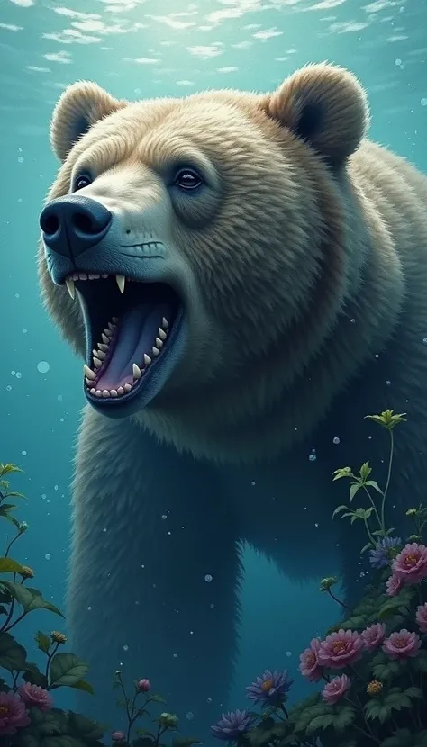 draw a majestic  combination of bear  and shark in hyper realistic environment
